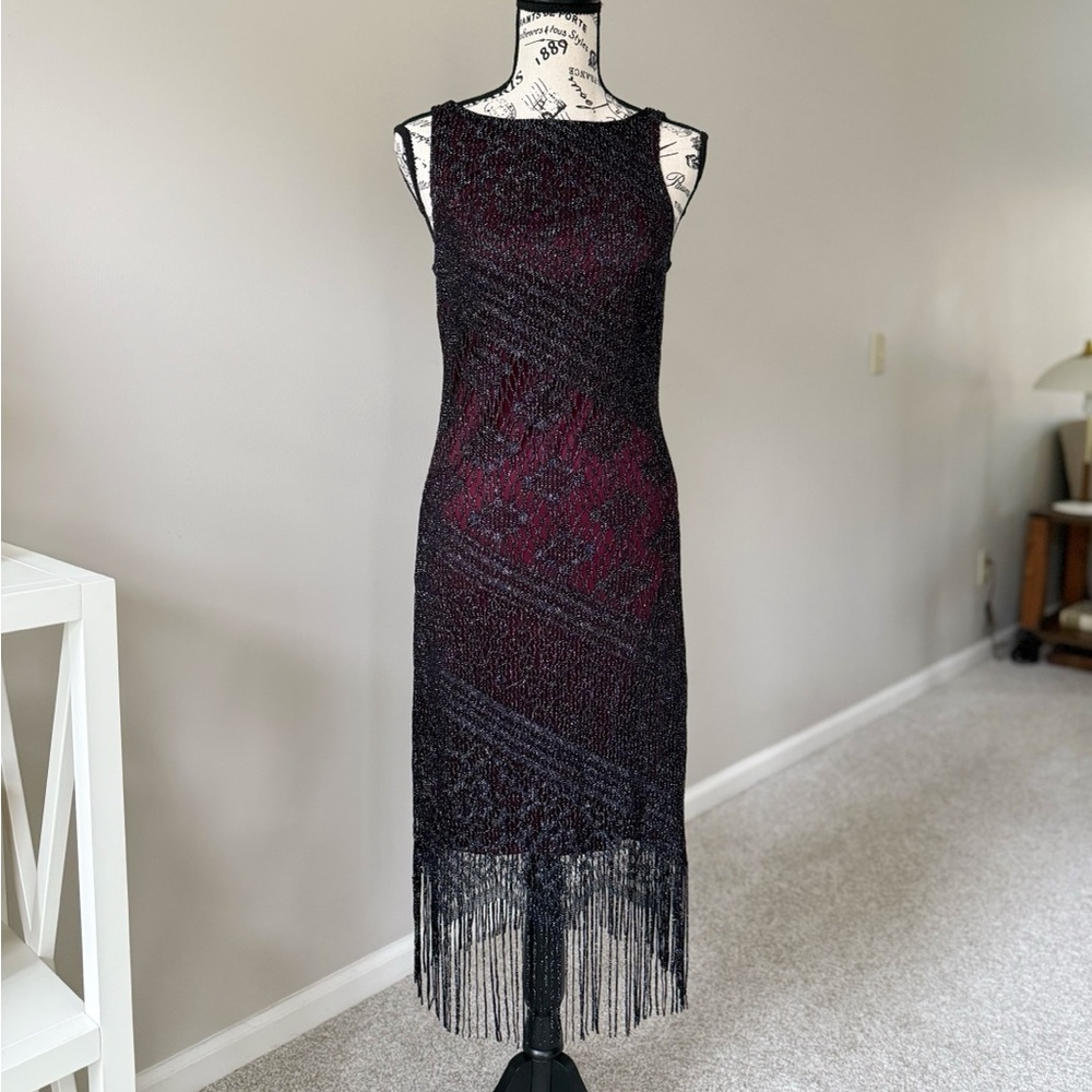 1920s Inspired Elegant Black and Maroon Fringe Flapper Dress